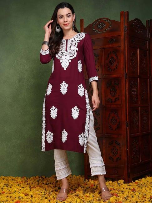 vaamsi maroon embroidered straight kurta