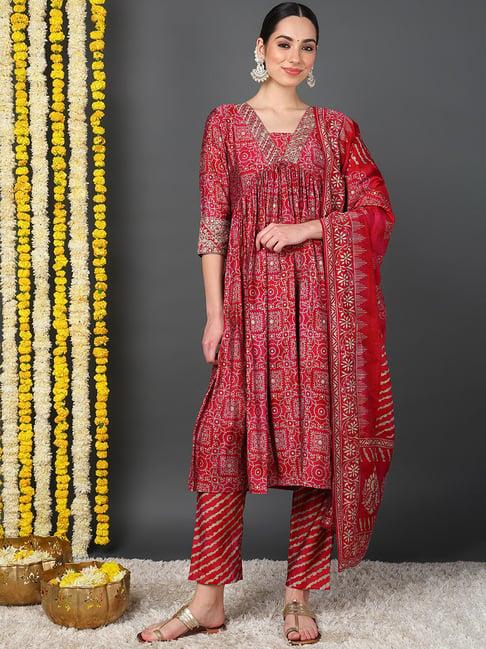 vaamsi maroon printed kurta with pant & dupatta