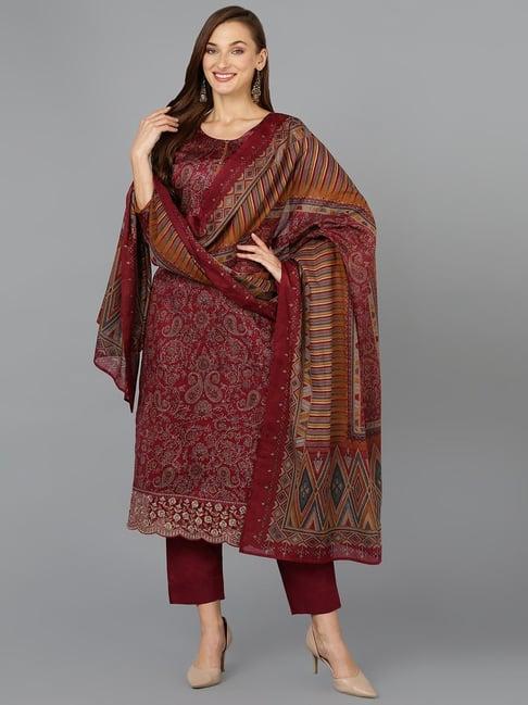 vaamsi maroon pure cotton embroidered kurta pant set with dupatta