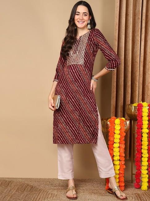 vaamsi maroon striped straight kurta