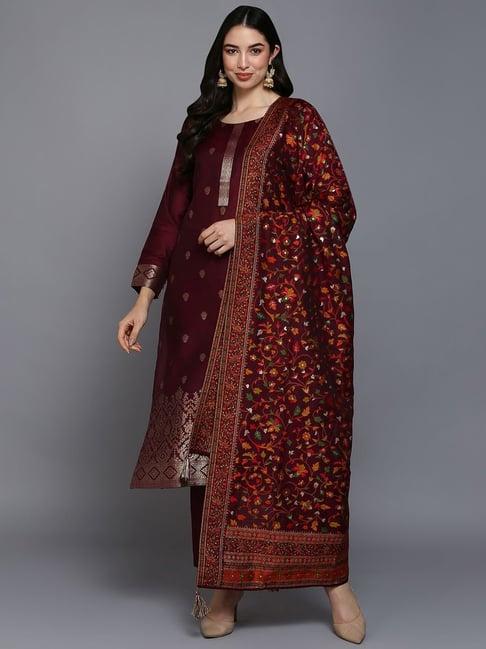 vaamsi maroon woven pattern kurta pant set with dupatta