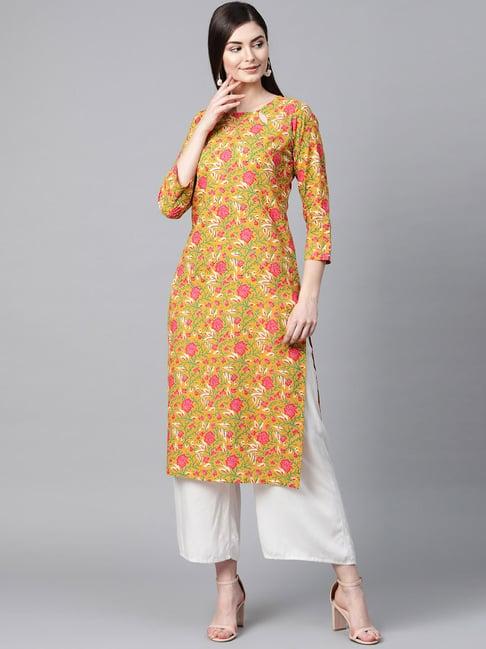 vaamsi mustard cotton printed straight kurta