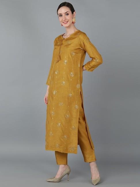 vaamsi mustard embellished kurta pant set with dupatta