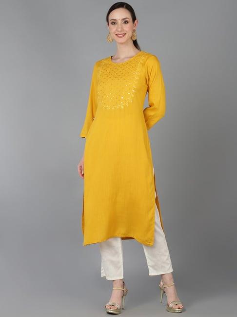 vaamsi mustard embellished straight kurta