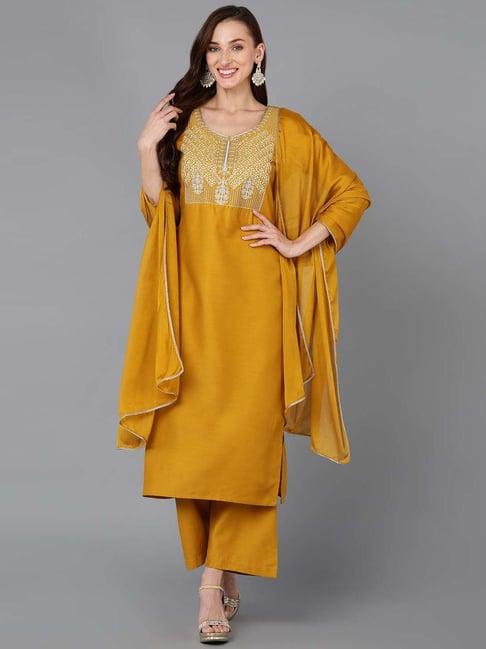 vaamsi mustard embroidered kurta palazzo set with dupatta