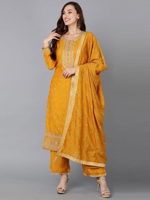 vaamsi mustard embroidered kurta palazzo set with dupatta