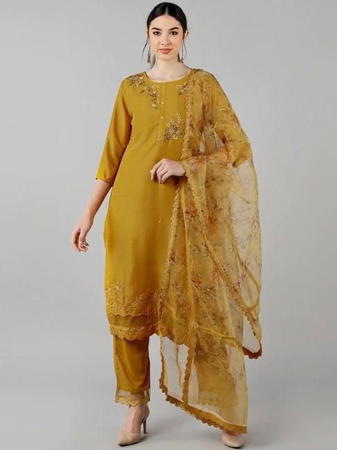 vaamsi mustard embroidered kurta pant set with dupatta