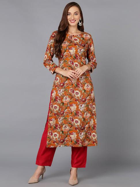 vaamsi mustard floral print straight kurta