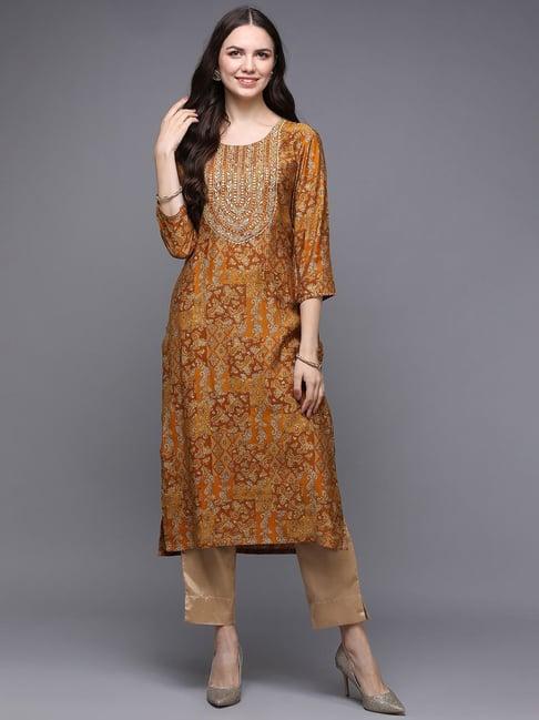 vaamsi mustard printed straight kurta