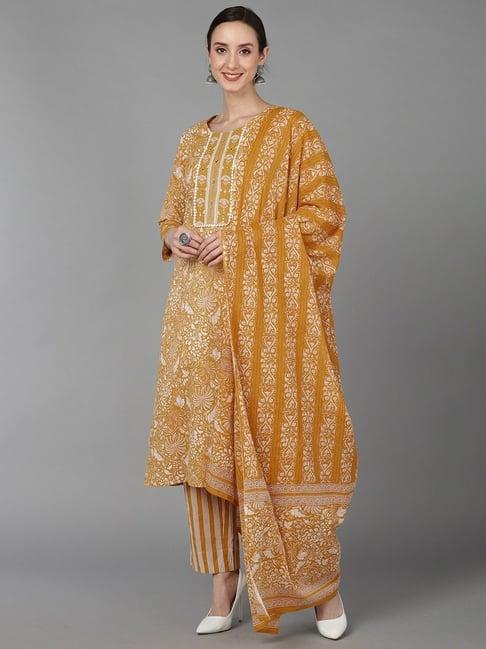 vaamsi mustard pure cotton floral print kurta pant set with dupatta