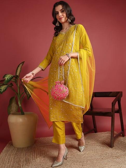 vaamsi mustard silk embroidered kurta with pant & dupatta