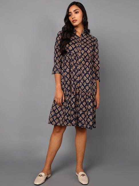 vaamsi navy cotton floral print a-line dress