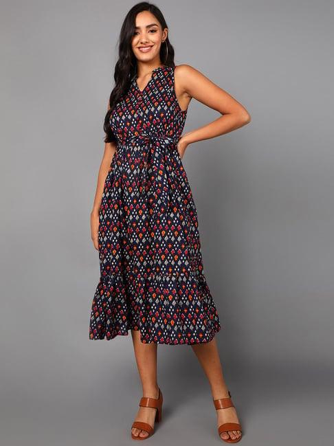 vaamsi navy cotton printed a-line dress