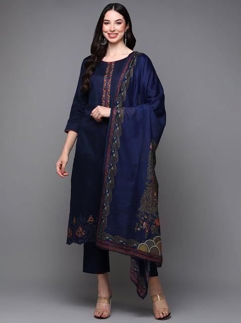 vaamsi navy cotton printed kurta pant set with dupatta