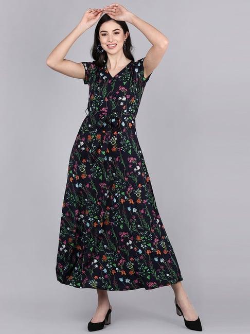 vaamsi navy floral print a-line dress