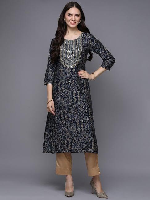 vaamsi navy printed straight kurta