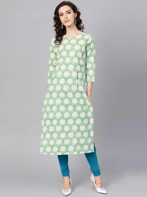 vaamsi off-white & green cotton printed straight kurta