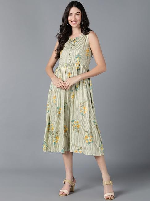 vaamsi olive & green cotton floral print a-line dress