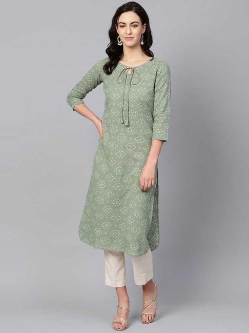 vaamsi olive green cotton printed straight kurta