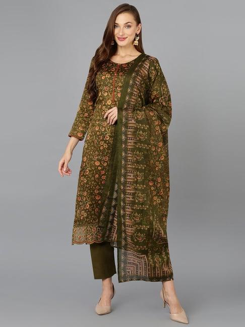 vaamsi olive green floral print kurta pant set with dupatta