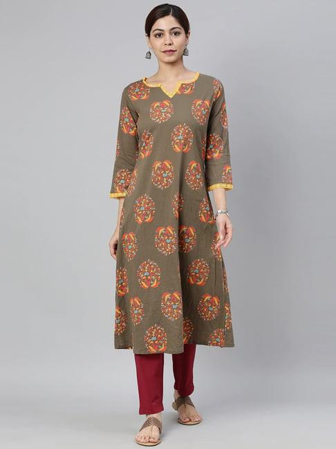 vaamsi olive green printed straight kurta