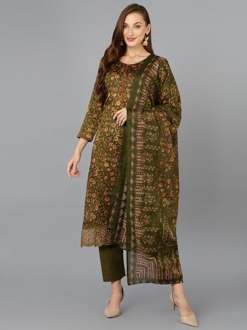 vaamsi olive green pure cotton embroidered kurta pant set with dupatta