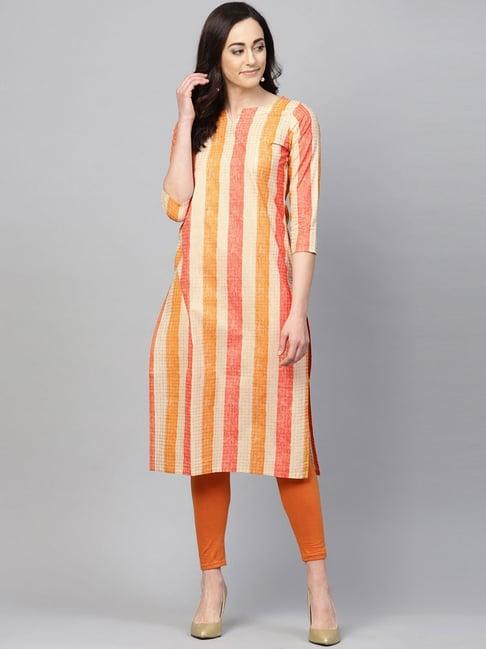 vaamsi orange & beige cotton chequered straight kurta