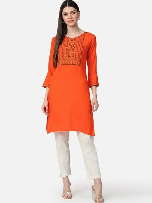 vaamsi orange cotton embroidered straight kurti