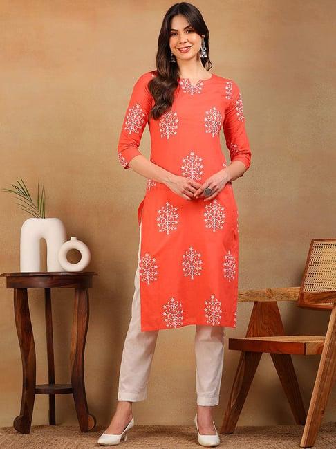 vaamsi orange cotton floral print straight kurta