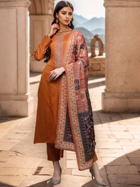 vaamsi orange cotton printed kurta pant set with dupatta