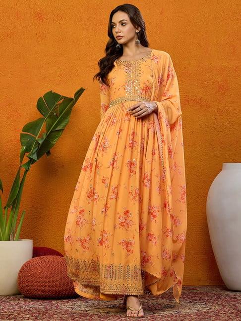 vaamsi orange embroidered anarkali kurta with pant & dupatta