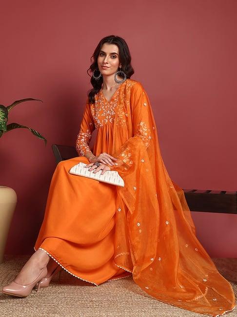 vaamsi orange embroidered kurta with pant & dupatta