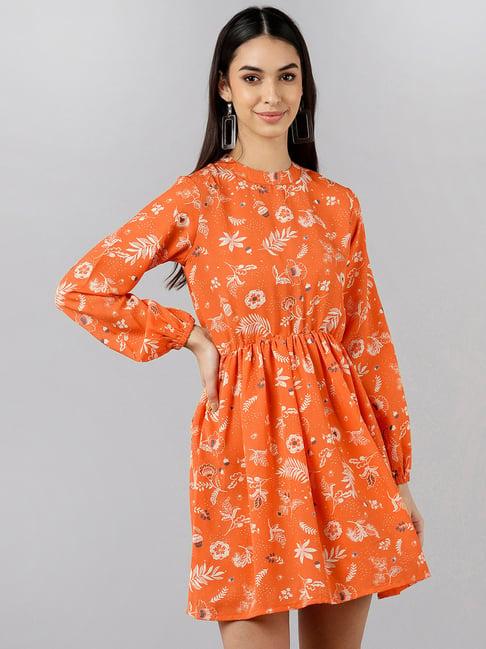 vaamsi orange floral print a-line dress