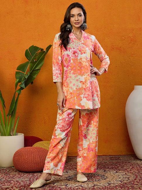 vaamsi orange floral print tunic & pant set