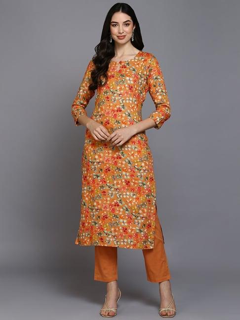 vaamsi orange printed straight kurta