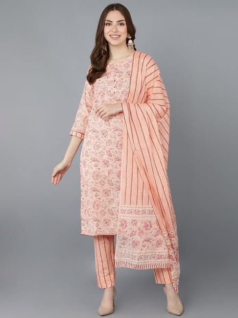 vaamsi peach cotton floral print kurta pant set with dupatta