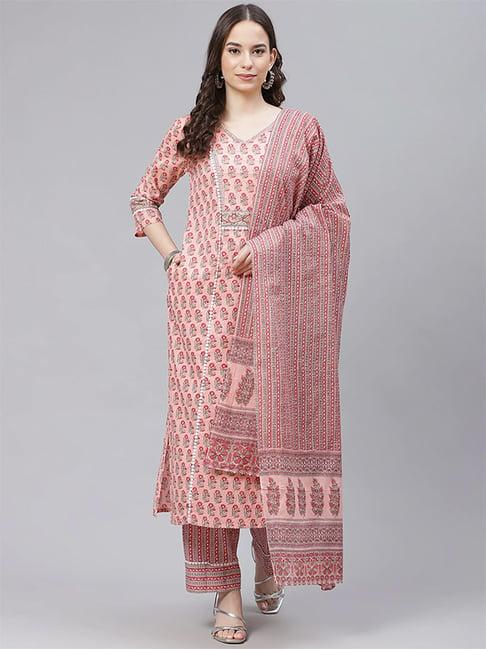 vaamsi peach cotton floral print kurta pant set with dupatta