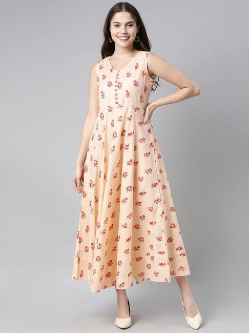 vaamsi peach cotton floral print maxi dress