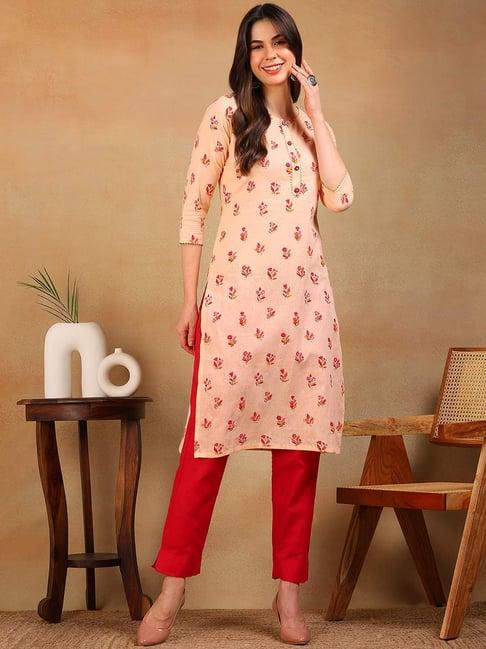 vaamsi peach cotton floral print straight kurta