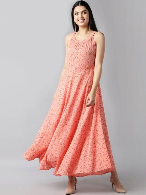 vaamsi peach cotton printed maxi dress