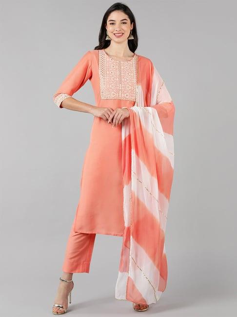 vaamsi peach embroidered kurta pant set with dupatta