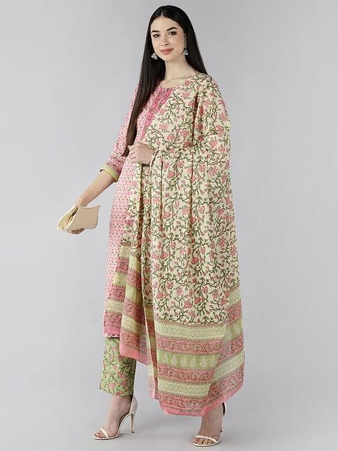 vaamsi pink & green cotton floral print kurta pant set with dupatta