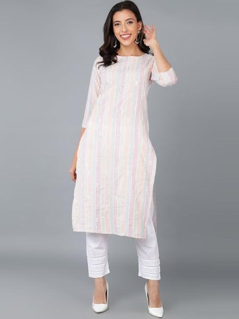 vaamsi pink & white cotton embellished straight kurta