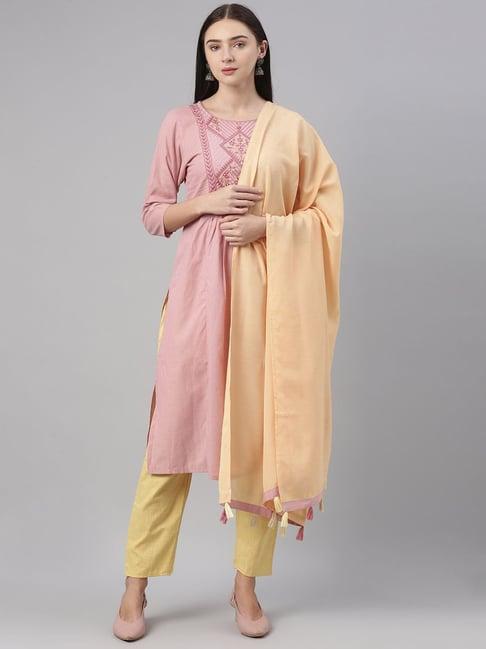 vaamsi pink & yellow cotton embroidered kurta pant set with dupatta