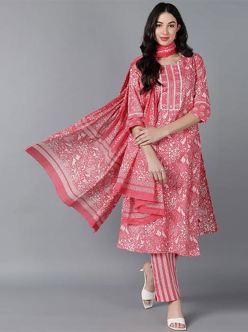 vaamsi pink cotton floral print kurta pant set with dupatta