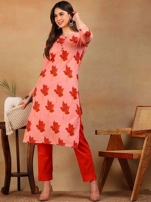 vaamsi pink cotton floral print straight kurta