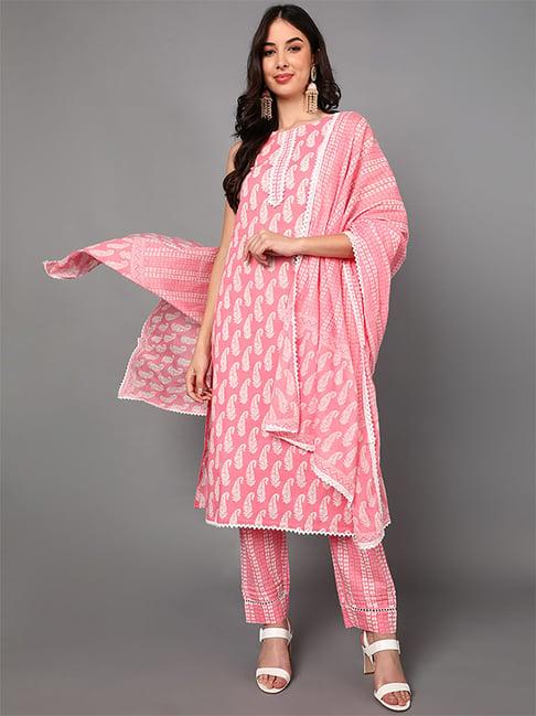 vaamsi pink cotton paisley print kurta pant set with dupatta