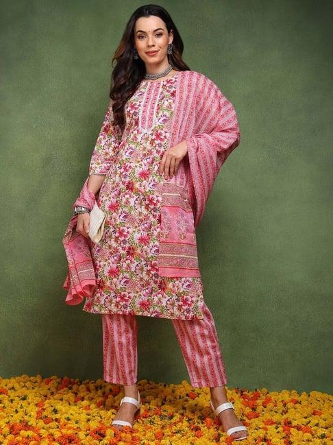 vaamsi pink cotton printed kurta pant set with dupatta