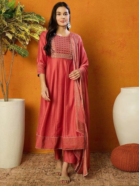 vaamsi pink embroidered anarkali kurta with pant & dupatta