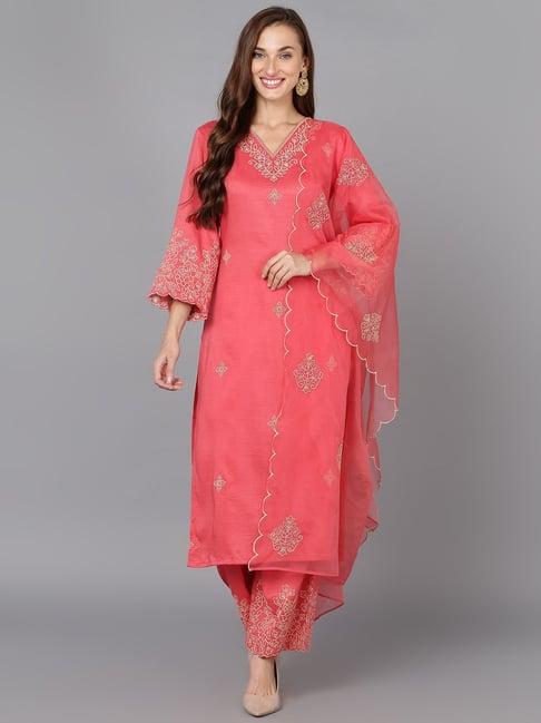 vaamsi pink embroidered kurta pant set with dupatta